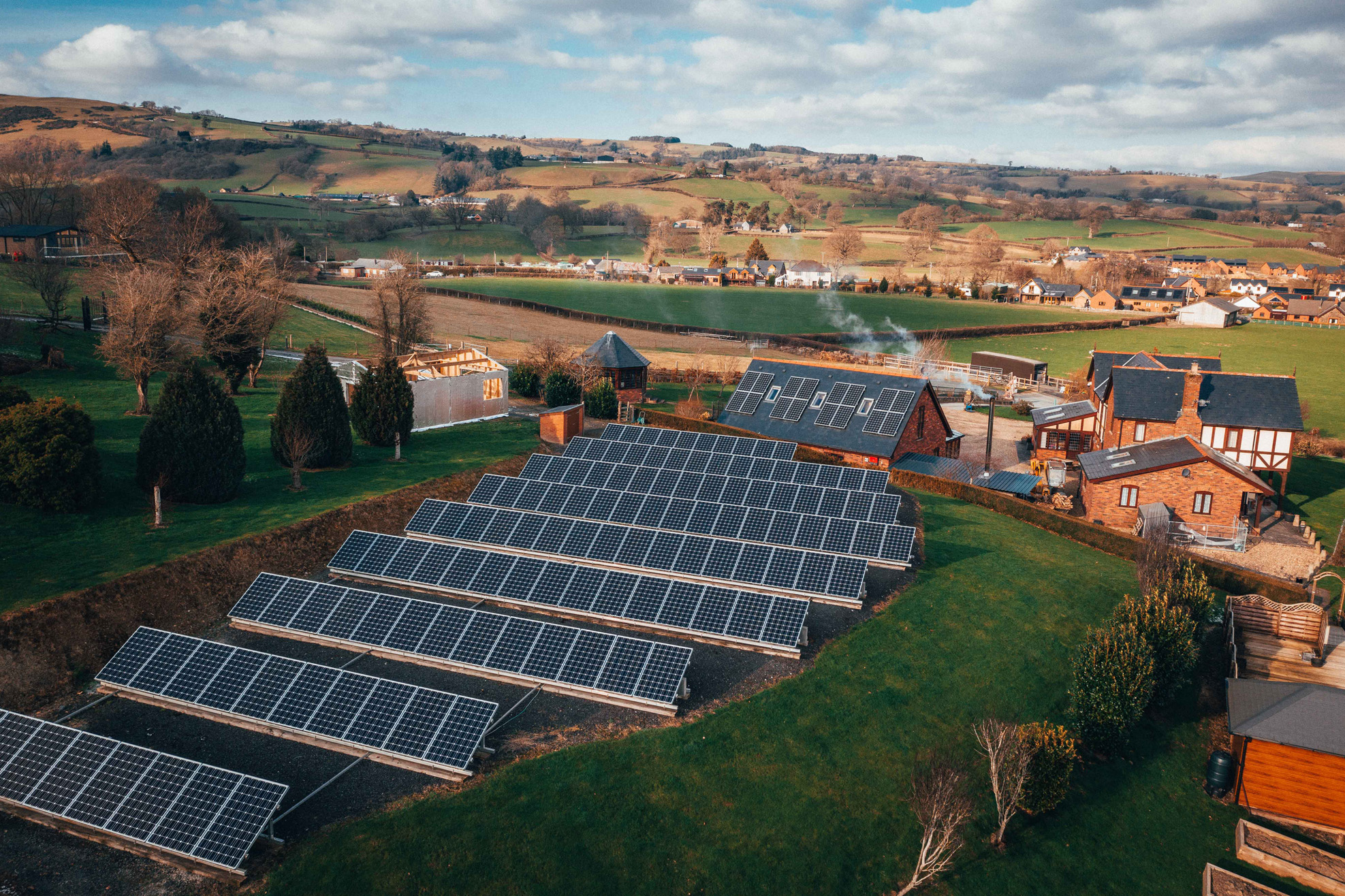 Our solar panel field next to Grandstand that powers our luxury lodges wales